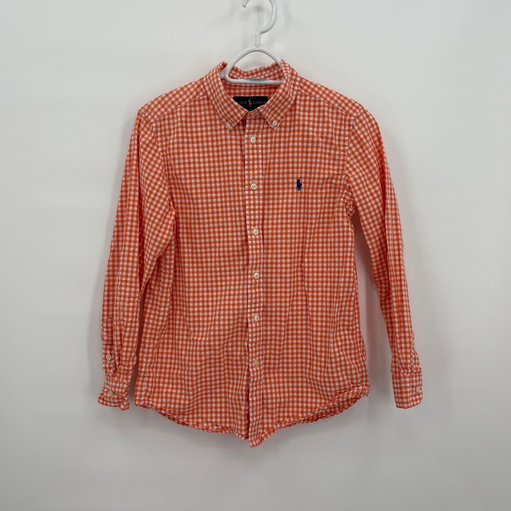 Polo Ralph Lauren Kids Orange Gingham Button Down Shirt Long Sleeve Pony L 14-16